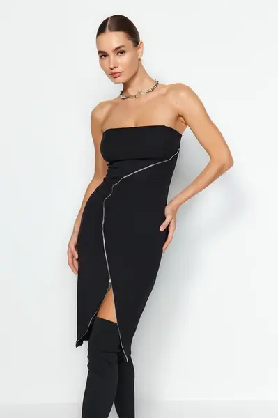 Trendyol černé vypasované elegantní večerní šaty s doplňky