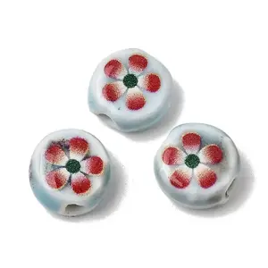 Flat Round Handmade Floral Porcelain Beads