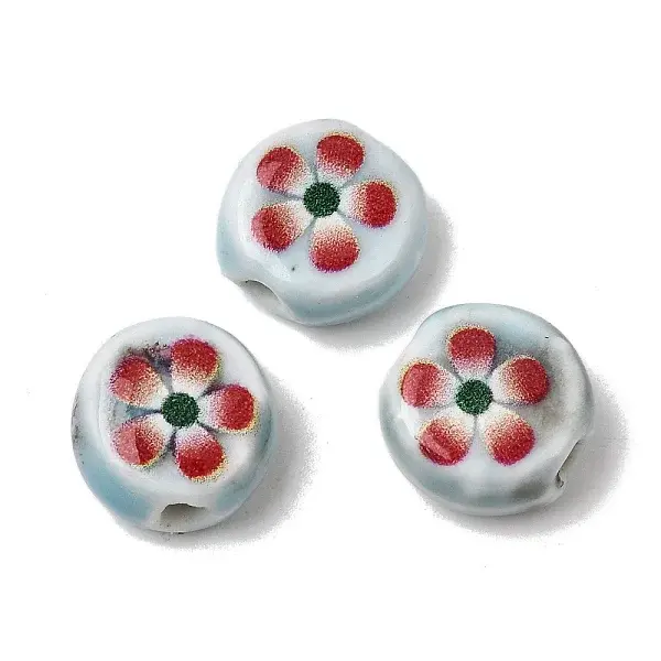 Flat Round Handmade Floral Porcelain Beads