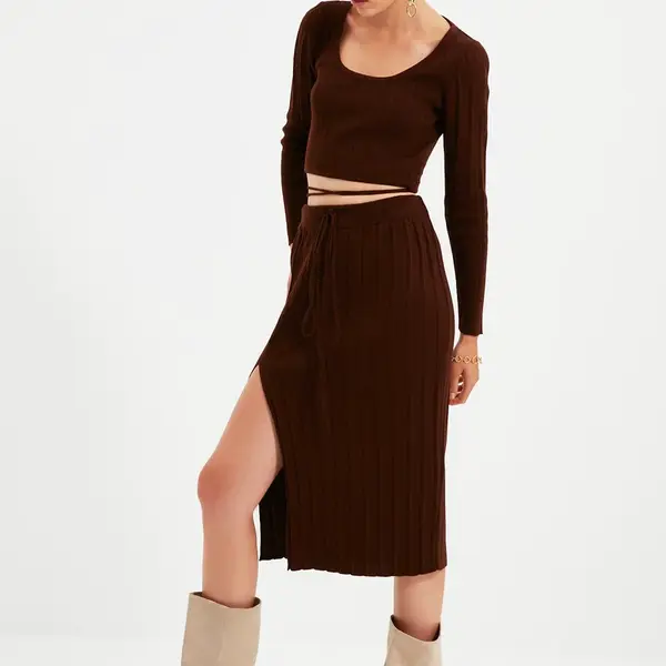 Trendyol Brown Tie Detailed Knitwear Bottom-Top Set