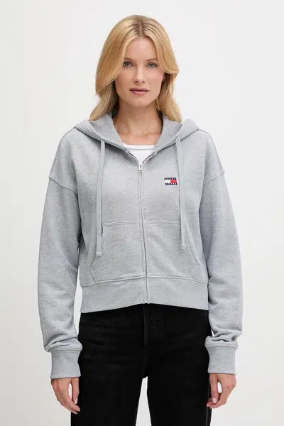 Bavlněná mikina Tommy Jeans dámská, šedá barva, s kapucí, s aplikací, DW0DW21147