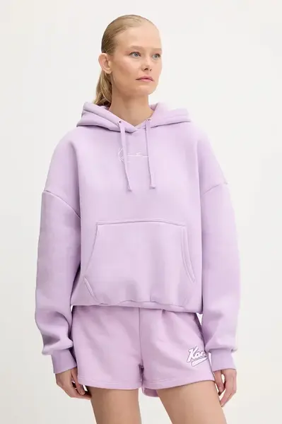 Mikina Karl Kani dámská, fialová barva, s kapucí, s aplikací, PD00005447