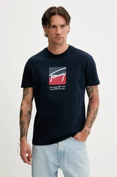 Bavlněné tričko Tommy Jeans pánské, tmavomodrá barva, s potiskem, DM0DM21940