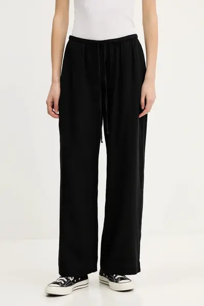 Lněné kalhoty Abercrombie & Fitch dámské, černá barva, široké, high waist, KI156-5199