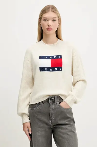 Svetr s příměsí vlny Tommy Jeans béžová barva, DW0DW21782