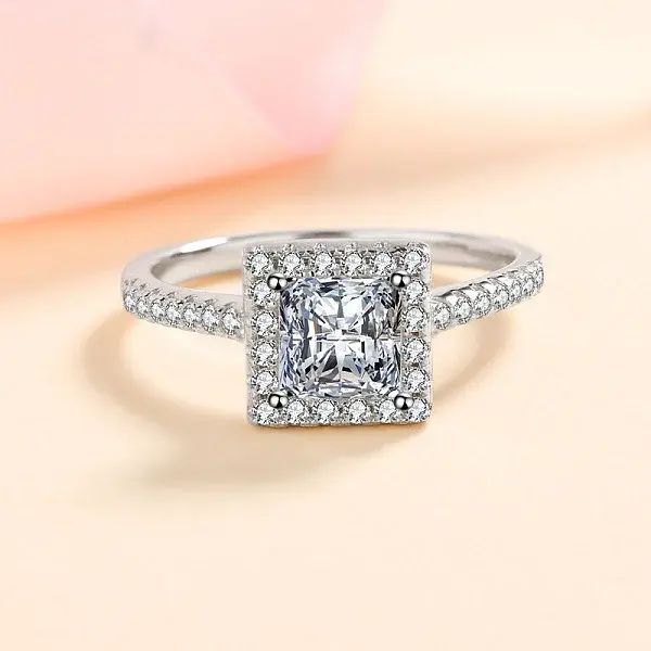 Square Rhodium Plated 925 Sterling Silver Pave 6.5x3.9mm Moissanite Finger Rings for Women
