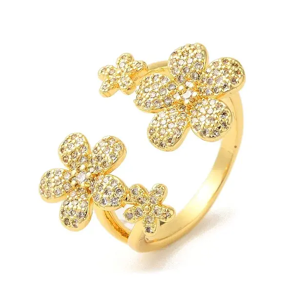 Flower Brass Micro Pave Clear Cubic Zirconia Open Cuff Rings