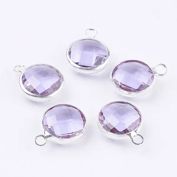 Silver Color Plated Brass Glass Flat Round Charms
