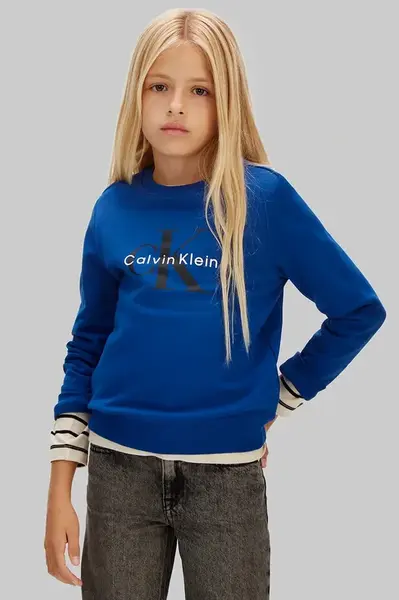 Dětská bavlněná mikina Calvin Klein Jeans modrá barva, s potiskem, IU0IU00714