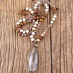 Bohemian Style Teardrop Glass Pendant Natural Picture Jasper & White Jade Round Beaded Long Necklaces for Women