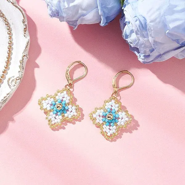 Handmade Glass Seed Beads Flower Leverback Earrings