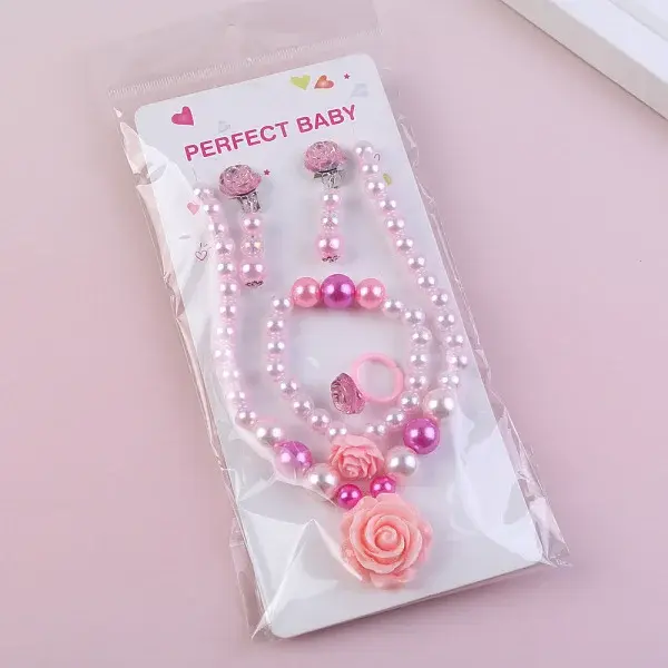 Cute Unicorn Alloy Plastic Children's Beaded Necklace & Bracelet & Cuff Ring & Clip-on Earring Jewelry Sets for Girl's