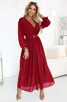 639-1 Elegant pleated maxi dress with a belt and a wrap neckline - burgundy