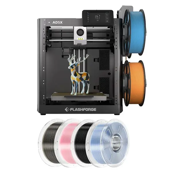 Flashforge AD5X 3D Printer + 4kg Mecpow HS Filaments (3kg PETG + 1kg PLA+) - Transparent Light Pink/Light Blue/Smoke Grey/Black