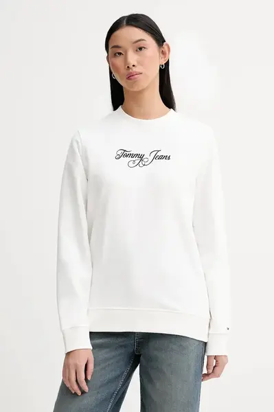 Bavlněná mikina Tommy Jeans dámská, bílá barva, s potiskem, DW0DW21922