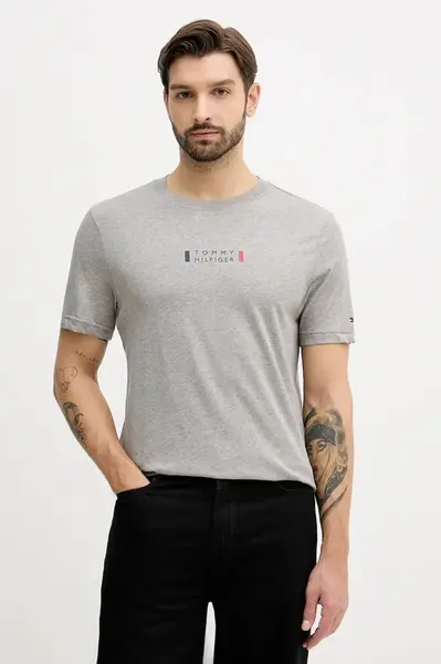Bavlněné tričko Tommy Hilfiger pánské, šedá barva, s potiskem, MW0MW41453