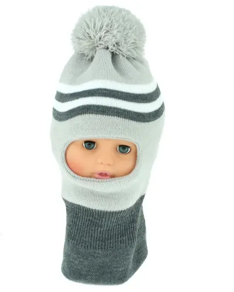 Baby Nellys Zimní čepička/kukla s bambuli - sv. sv. šedá s proužky