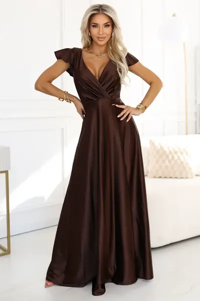 411-15 CRYSTAL satin long dress with a neckline - chocolate