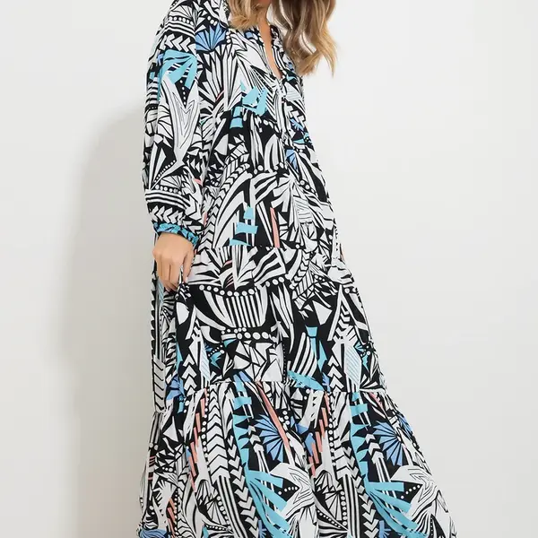 Trend Alaçatı Stili Women's Black and White Grand Collar Shawl Patterned Maxi Length Dress