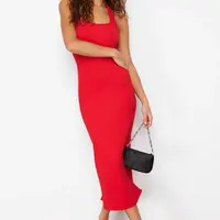 Trendyol Red Fitted Square Neck Ribbed Stretchy Knitted Maxi Pencil Dress