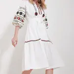 Trend Alaçatı Stili Women's White Big Collar Balloon Sleeve Interior Lined Belted Embroidered Embroidered Dress
