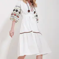 Trend Alaçatı Stili Women's White Big Collar Balloon Sleeve Interior Lined Belted Embroidered Embroidered Dress