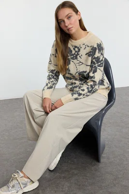 Trendyol Stone Soft Texture Floral Knit Sweater