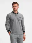 Ombre Men's melange polo longsleeve with embroidery - black melange