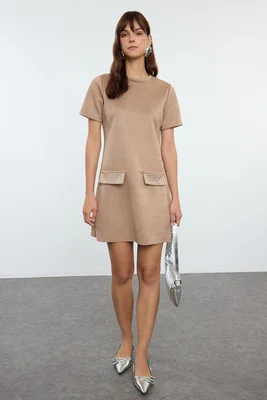 Trendyol Mink Crew Neck Stone Detailed Shift/Straight Mini Suede Knitted Dress