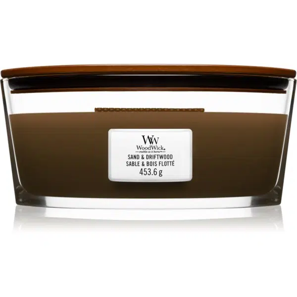 Woodwick Sand & Driftwood vonná sviečka s dreveným knotom (hearthwick) 453 g