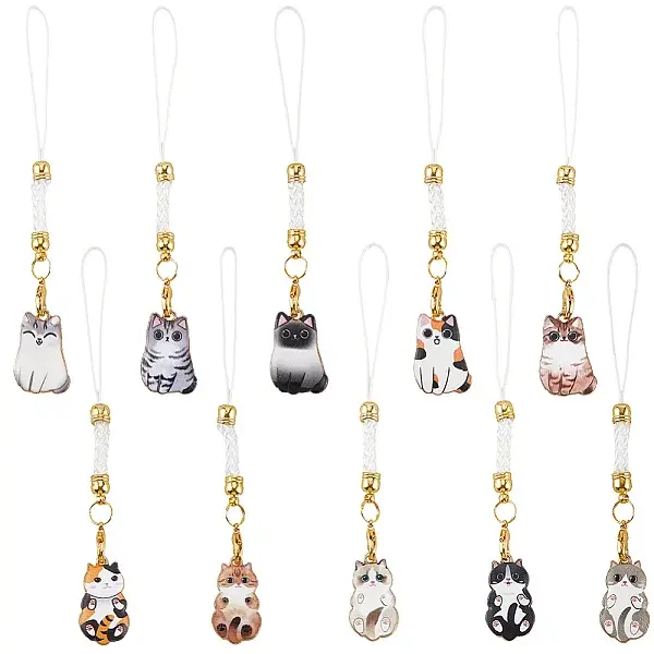 20Pcs 10 Styles Cat Shape Allloy Enamel Mobile Straps