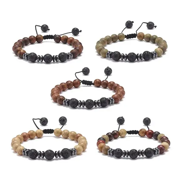 Natural Lava Rock & Wood Braided Bead Bracelet