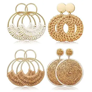 4Pairs Flat Round Alloy Raffia Dangle Stud Earrings