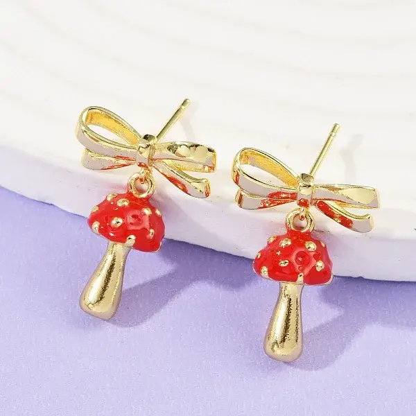 Mushroom with Bowknot Brass Enamel Dangle Stud Earrings