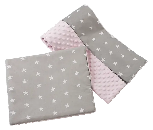 Medi Partners Quilt 75x100 + pillow 35x30 cotton + minky – White stars on gray + light pink minky