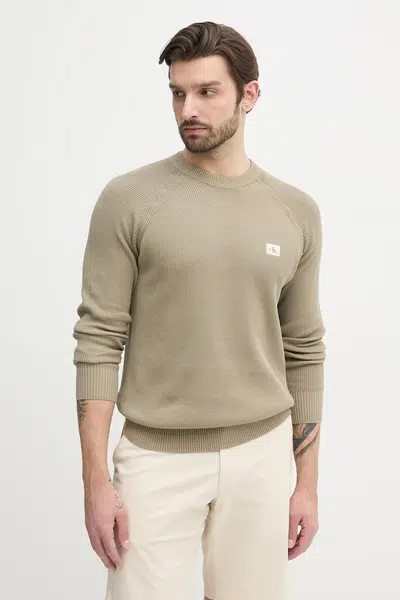 Bavlnený sveter Calvin Klein Jeans pánsky, zelená farba, tenký, J30J327281