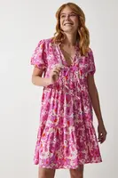 Happiness İstanbul Women's Pink Floral Summer Viscose Flared Dress