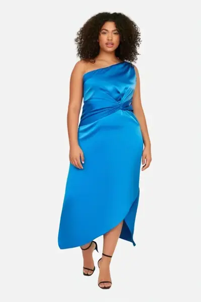 Trendyol Curve Saxe Satin Chic Asymmetrical Single Sleeve Long Woven Dress