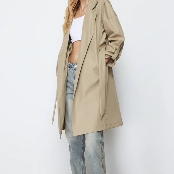 Trendyol Light Khaki Oversize Belted Water Repellent Long Trench Coat