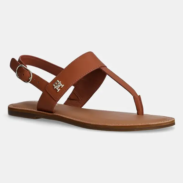 Kožené sandály Tommy Hilfiger LEATHER THONG SANDAL dámské, hnědá barva, FW0FW08505