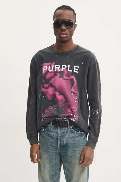 Bavlněné tričko s dlouhým rukávem PURPLE BRAND TEXTURED JERSEY LS TEE šedá barva, s potiskem, P204-JBFP125