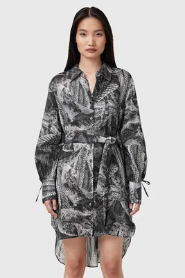 Šaty s příměsí hedvábí AllSaints LEYLA šedá barva, mini, W081DC