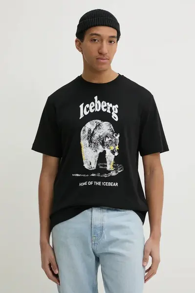 Bavlněné tričko Iceberg černá barva, s potiskem, F025 6307