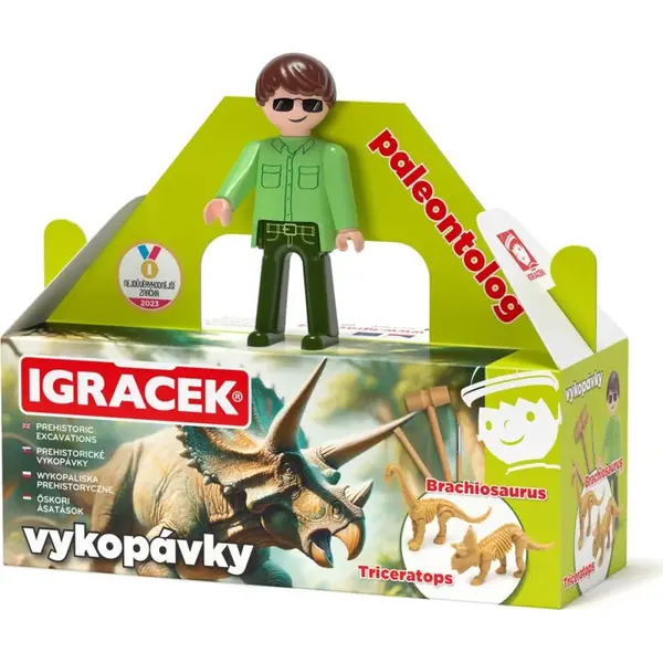 Igráček Paleontológ - figúrka s vykopávkami dinosaurov Triceratopsa a Brachiosaura