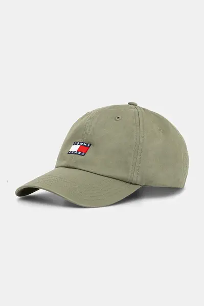 Bavlněná baseballová čepice Tommy Jeans zelená barva, s aplikací