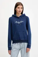 Bavlněná mikina Guess Jeans dámská, tmavomodrá barva, s kapucí, s aplikací, W5YQ11 KCXQ1