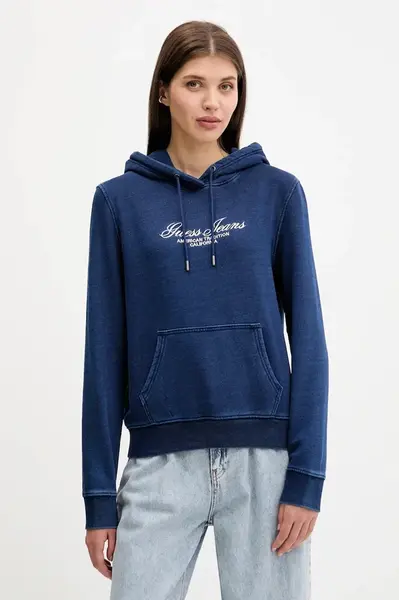 Bavlněná mikina Guess Jeans dámská, tmavomodrá barva, s kapucí, s aplikací, W5YQ11 KCXQ1