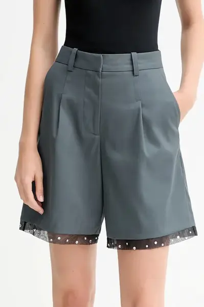 Šortky z vlněné směsi IRO dámské, šedá barva, s aplikací, high waist, WP30SOLENNA