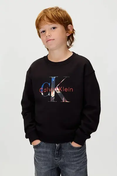 Dětská bavlněná mikina Calvin Klein Jeans černá barva, s potiskem, IB0IB02562