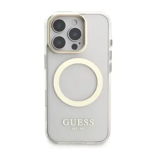 Zadní kryt Guess IML Gold Outline Stand Camera Frame MagSafe pro Apple iPhone 16 Pro Max, transparentní